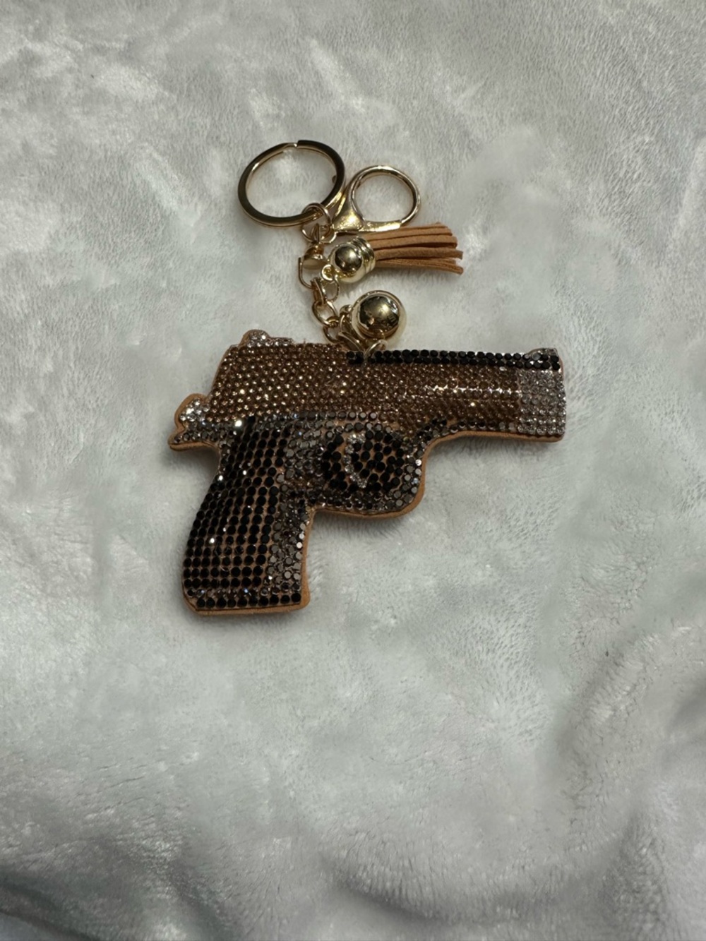 Rhinestone Gun-Shaped Keychain with Tassel - Brown